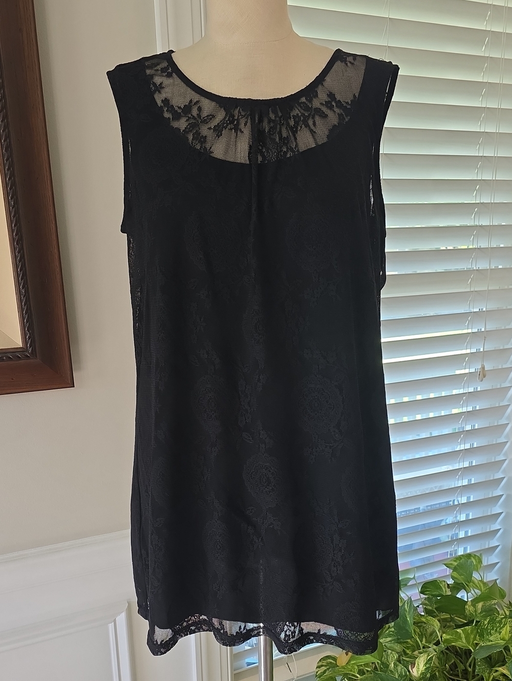 CAbi Black Lace Overlay Sleeveless Blouse